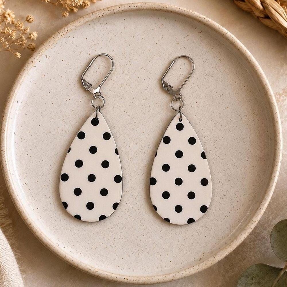 Handmade Black White Polka Dot Teardrop Earrings, Lightweight Polymer Clay Dangl